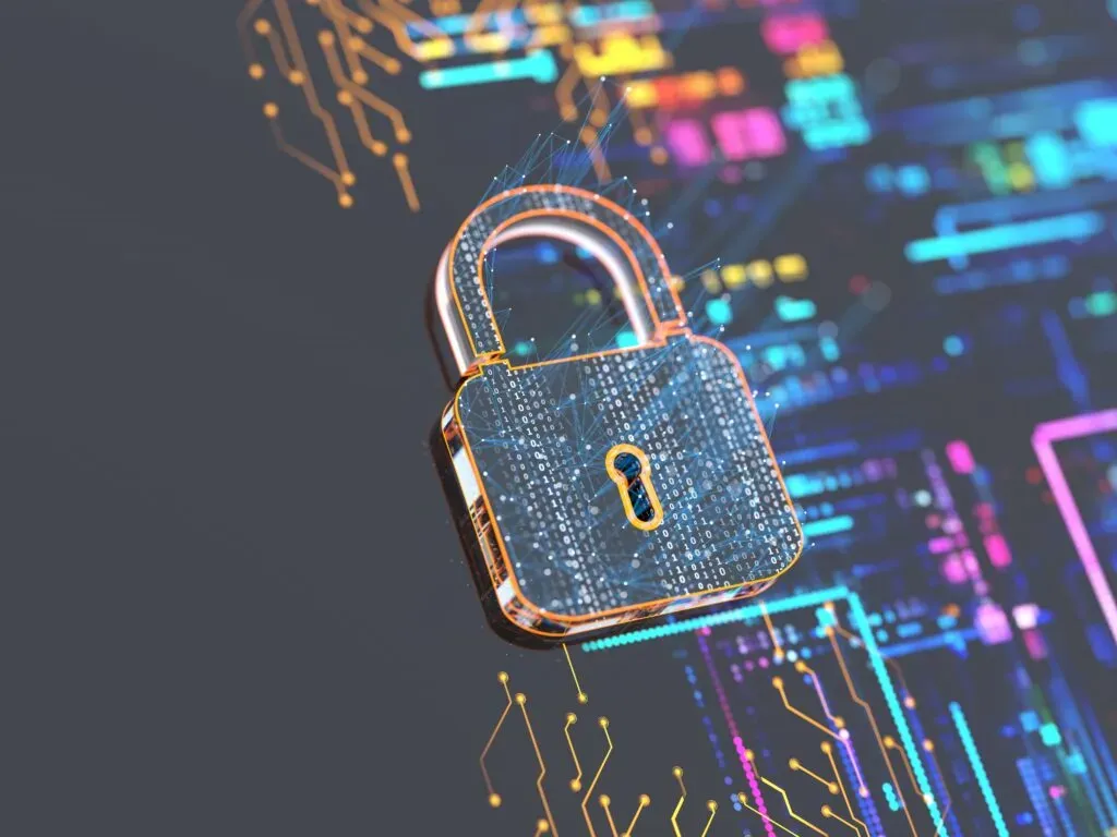 Cyfrowa kłódka symbolizująca bezpieczeństwo danych i technologii na tle schematu elektronicznego – ilustracja do sekcji nowe technologie, ochrona danych i własność intelektualna w kancelarii KRK