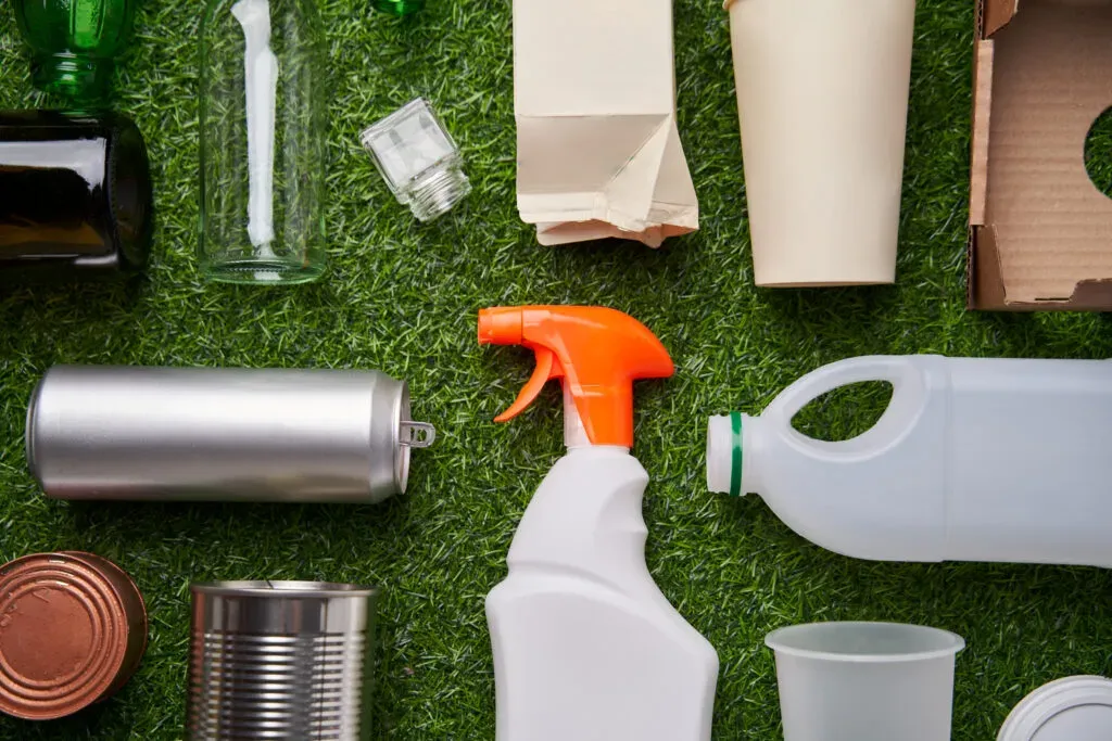 Różne rodzaje opakowań – butelki, puszki, kartony i plastikowe pojemniki ułożone na zielonym tle – ilustracja do sekcji opakowania i odpady opakowaniowe w kancelarii KRK