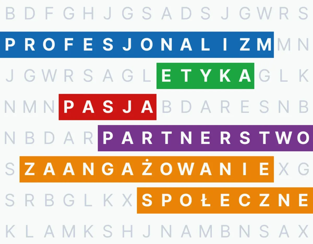 Kolorowa grafika przedstawiająca wartości kancelarii KRK: profesjonalizm, etyka, pasja, partnerstwo, zaangażowanie społeczne – ilustracja do sekcji O nas.