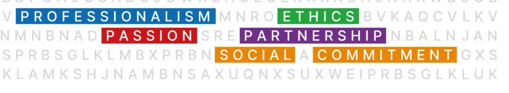 Grafika prezentująca wartości kancelarii KRK: profesjonalizm, etyka, pasja, partnerstwo i zaangażowanie społeczne – ilustracja do sekcji kim jesteśmy