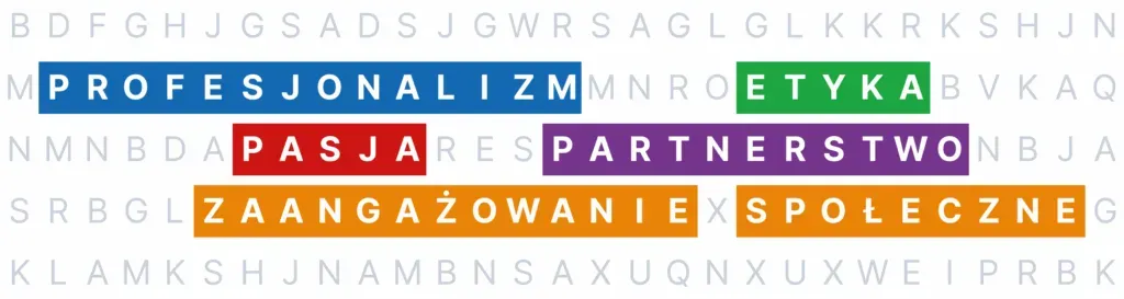 Grafika prezentująca wartości kancelarii KRK: profesjonalizm, etyka, pasja, partnerstwo i zaangażowanie społeczne – ilustracja do sekcji kim jesteśmy